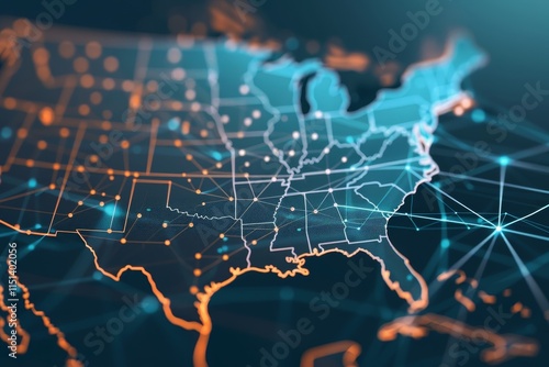 Digital representation of American telecommunications landscape featuring luminous network nodes and connection lines illustrating nationwide information exchange and technological advancement