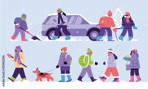 Vector illustration of a snowy park with people engaging in various winter activities, easily editable.