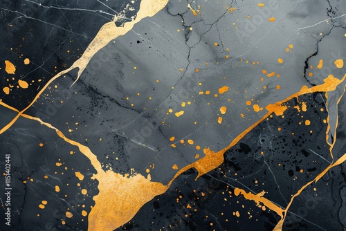 Black marble background enriched with abstract gold patterns and white splashes, offering a luxurious and modern texture for wall art or paper photo