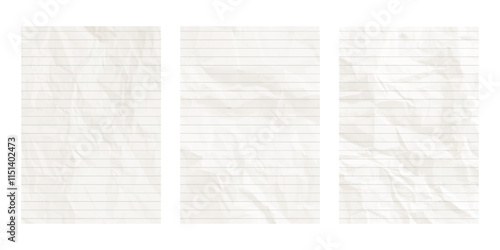 Lined sheets of white paper. Blank crumpled pages of a school notebook. Background paper texture