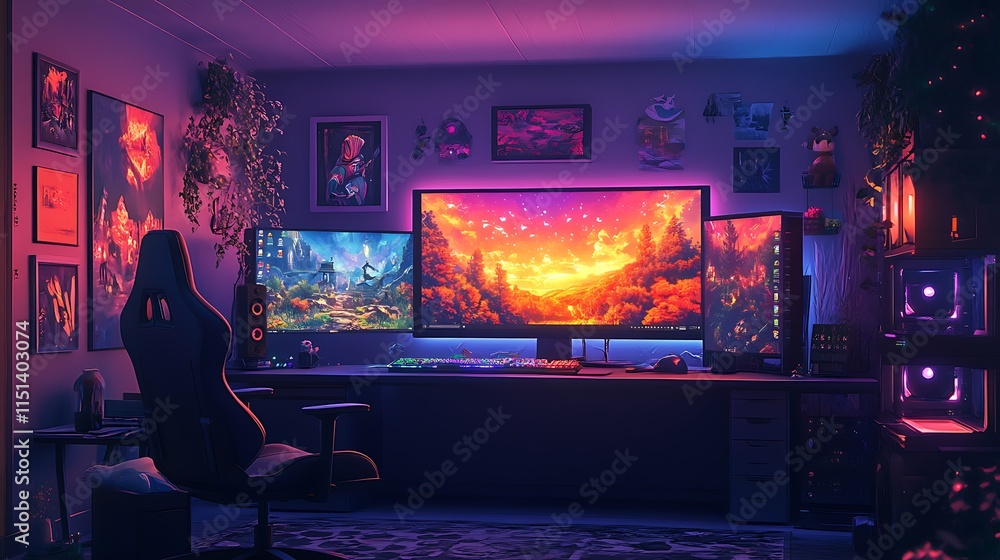 A cozy gaming setup with dual monitors showing a vibrant fantasy RPG, colorful RGB lighting on the desk and walls, a high-end gaming chair, and a polished black desk in a dimly lit room. --ar 16:9 A cozy gaming setup with dual monitors showing a vibrant fantasy RPG, colorful RGB lighting on the desk and walls, a high-end gaming chair, and a polished black desk in a dimly lit room. --ar 16:9