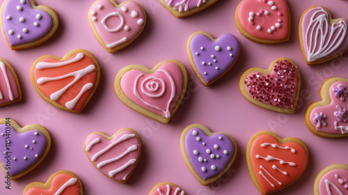 Wallpaper Mural Colorful heart-shaped cookies with pink and purple icing on pink background Torontodigital.ca