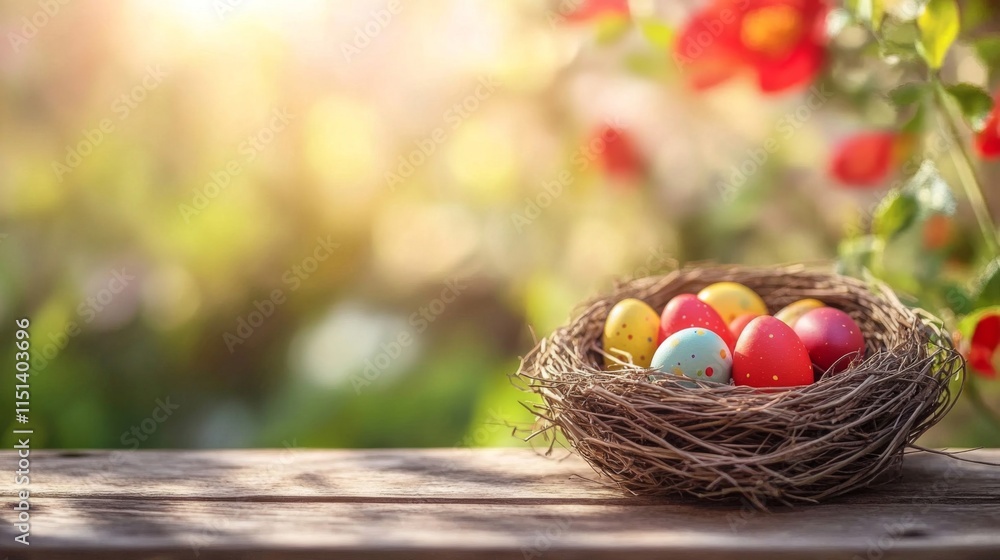 Colorful Easter eggs nestled in a springtime bird nest Colorful Easter eggs nestled in a springtime bird nest