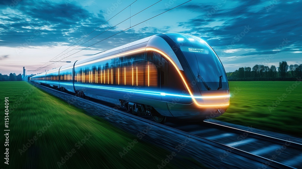 Naklejka premium A futuristic train glides through a lush landscape at twilight, illuminated by vibrant lights, showcasing modern technology and transportation innovation.