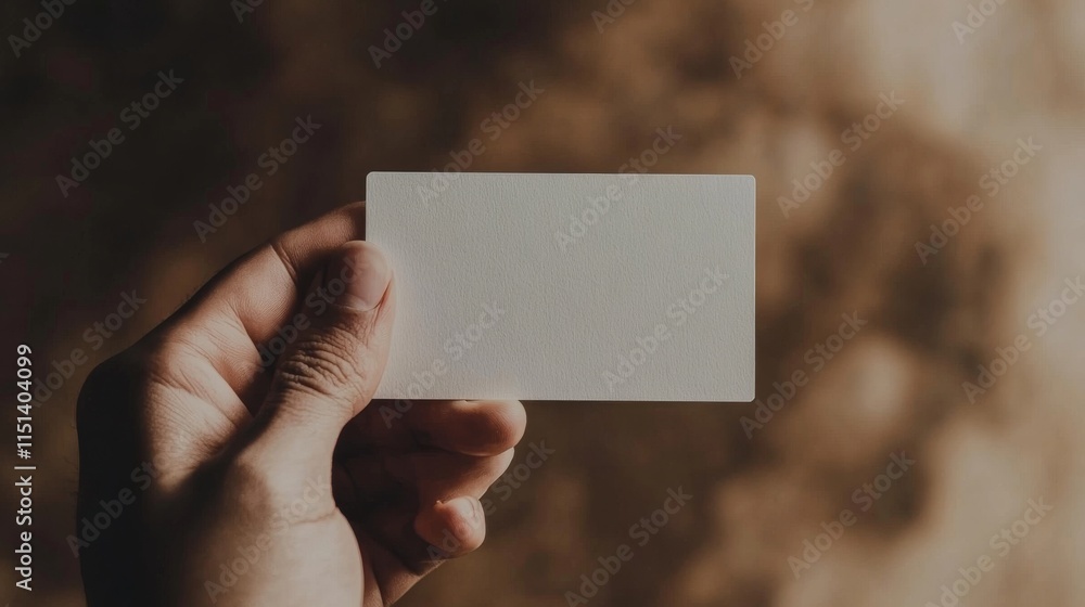 Minimalist business concept featuring a close-up of a hand holding a blank white business card against a warm brown background, ideal for branding, marketing, and professional identity themes Minimalist business concept featuring a close-up of a hand holding a blank white business card against a warm brown background, ideal for branding, marketing, and professional identity themes
