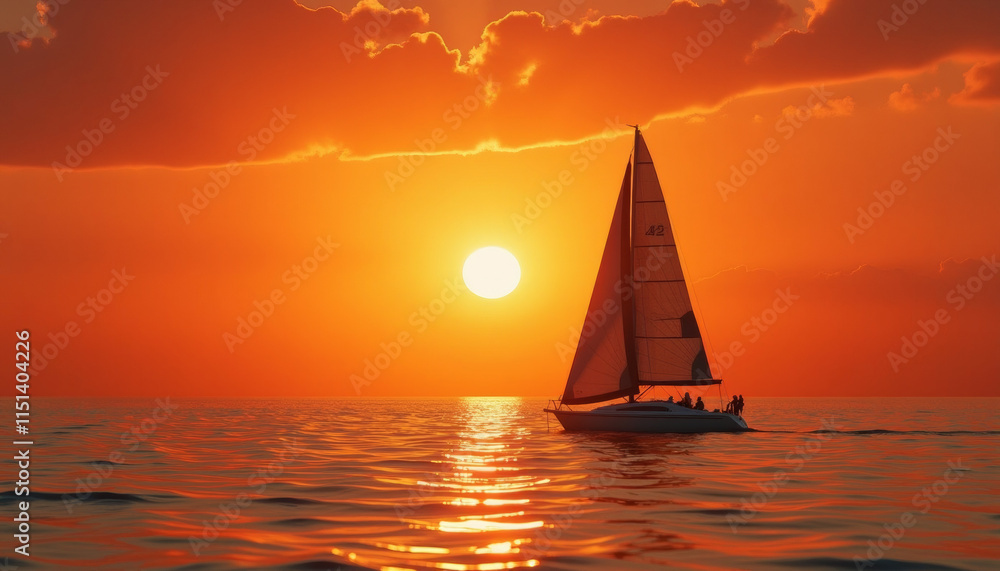 Fototapeta premium Fiery Sunset Sailboat Voyage