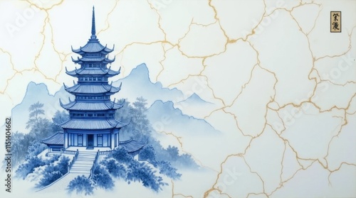 Blue and White Porcelain with Golden Cracks