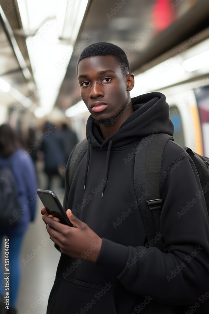 A young man is standing in a subway station with a backpack and a cell phone. He is looking at the phone, possibly checking the time or an app. The scene is bustling with people A young man is standing in a subway station with a backpack and a cell phone. He is looking at the phone, possibly checking the time or an app. The scene is bustling with people