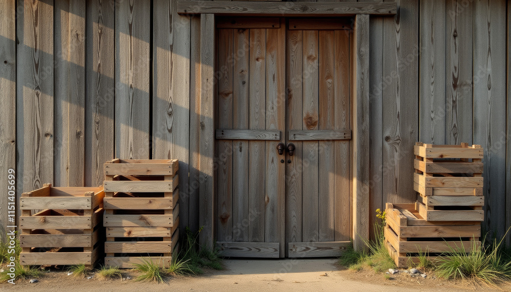Rustic Wooden Doorway with Crates Rustic Wooden Doorway with Crates