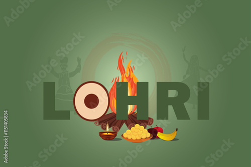 Indian Punjabi festival of lohri celebration fire background with decorated drum and bonfire with festival elements. vector illustration design.