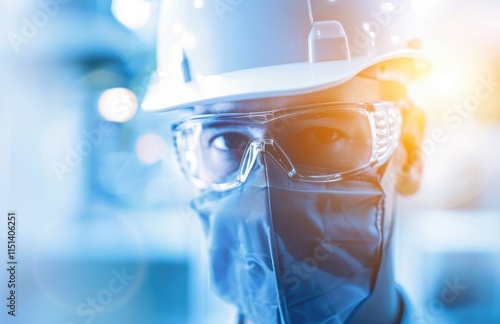 A masked worker in safety gear, showcasing commitment to safety and health in an industrial setting. photo