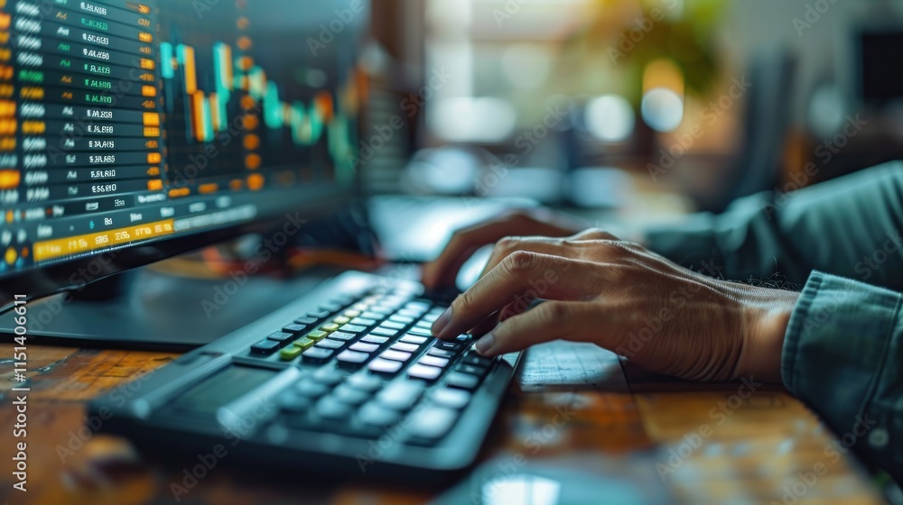 Close up of male hands typing on computer keyboard with stock market chart on screen. Close up of male hands typing on computer keyboard with stock market chart on screen.