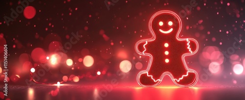 A glowing neon gingerbread man character against an abstract background.