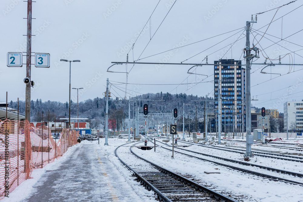 Renovation of train station in Ljubljana, view towards east, with new track scheme and some construction work between the tracks