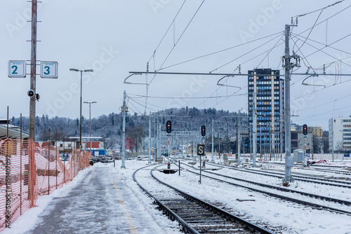 Obraz na płótnie Renovation of train station in Ljubljana, view towards east, with new track scheme and some construction work between the tracks w salonie