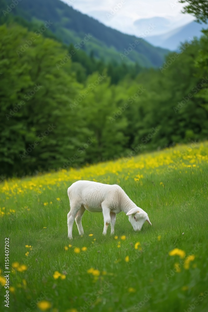 Fototapeta premium A white sheep is grazing in a lush green field. The sheep is surrounded by a variety of flowers, including yellow flowers. The scene is peaceful and serene, with the sheep enjoying the fresh grass