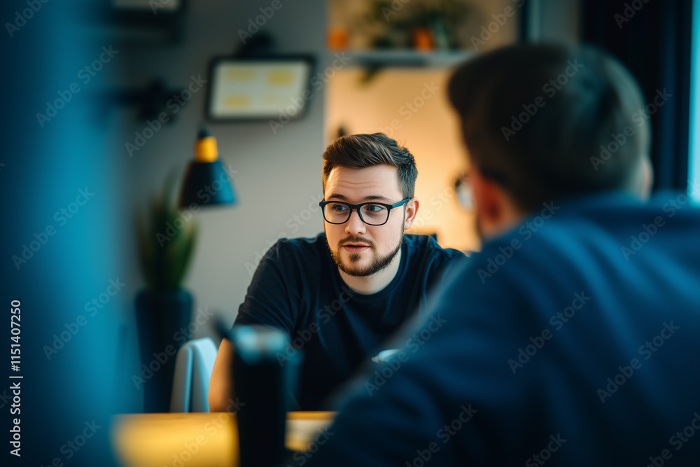 Manager provides constructive feedback to junior employee in modern office setting during a team meeting Manager provides constructive feedback to junior employee in modern office setting during a team meeting