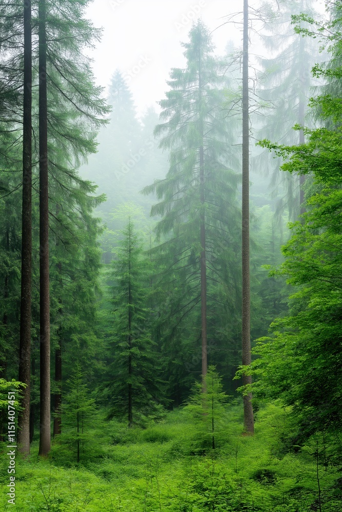 Fototapeta premium A forest with trees and a misty sky. The trees are tall and green, and the sky is cloudy