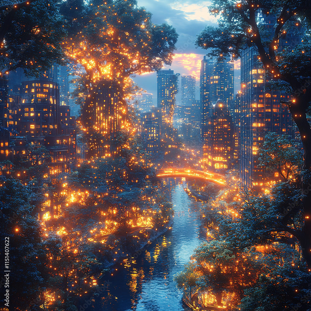 Fototapeta premium A magical urban scene where skyscrapers are intertwined with giant glowing trees