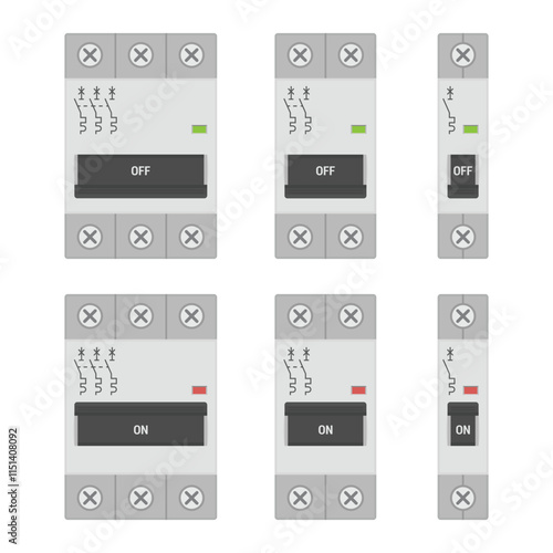 Miniature circuit breakers. Set of single, double and three pole MCB devices. Flat style vector illustration isolated on white