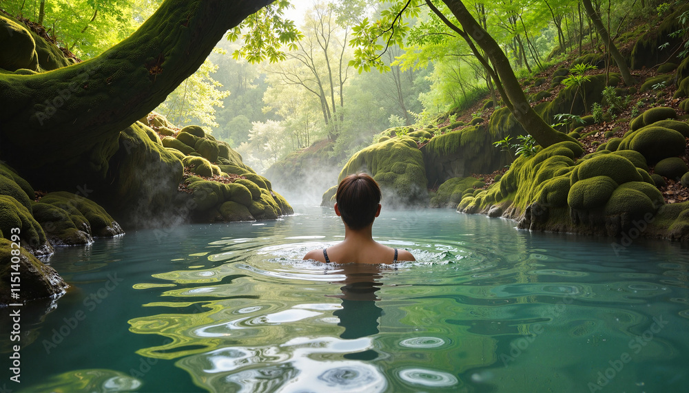 Woman relaxing in natural hot spring surrounded by lush forest Woman relaxing in natural hot spring surrounded by lush forest