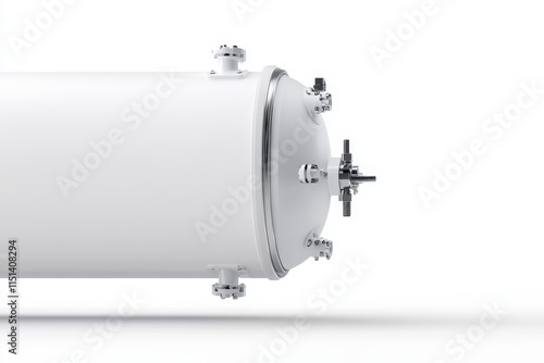 Precision Engineered Silver Steel Tank Container for Safe Chemical Transportation on White Background - Close-up View with Safety Features and Clear Labeling