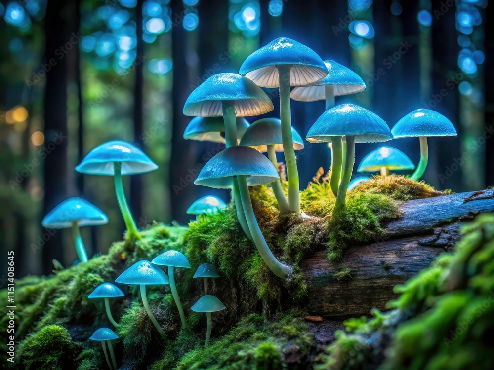 Fototapeta premium Low Light Forest Photography: Eerie Glowing Mushrooms Mossy Dead Tree Trunk