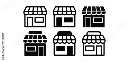 store shop building icon vector design outline and black filled black white color illustration collection isolated