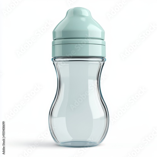 Clear Blue Baby Bottle with Green Lid on White Background, 8oz Size, Silicone Nipple, BPA-Free, Ergonomic Design - Photorealistic Image photo