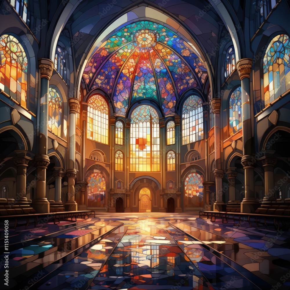 Fototapeta premium Stunning Interior of a Cathedral with Vibrant Stained Glass Windows