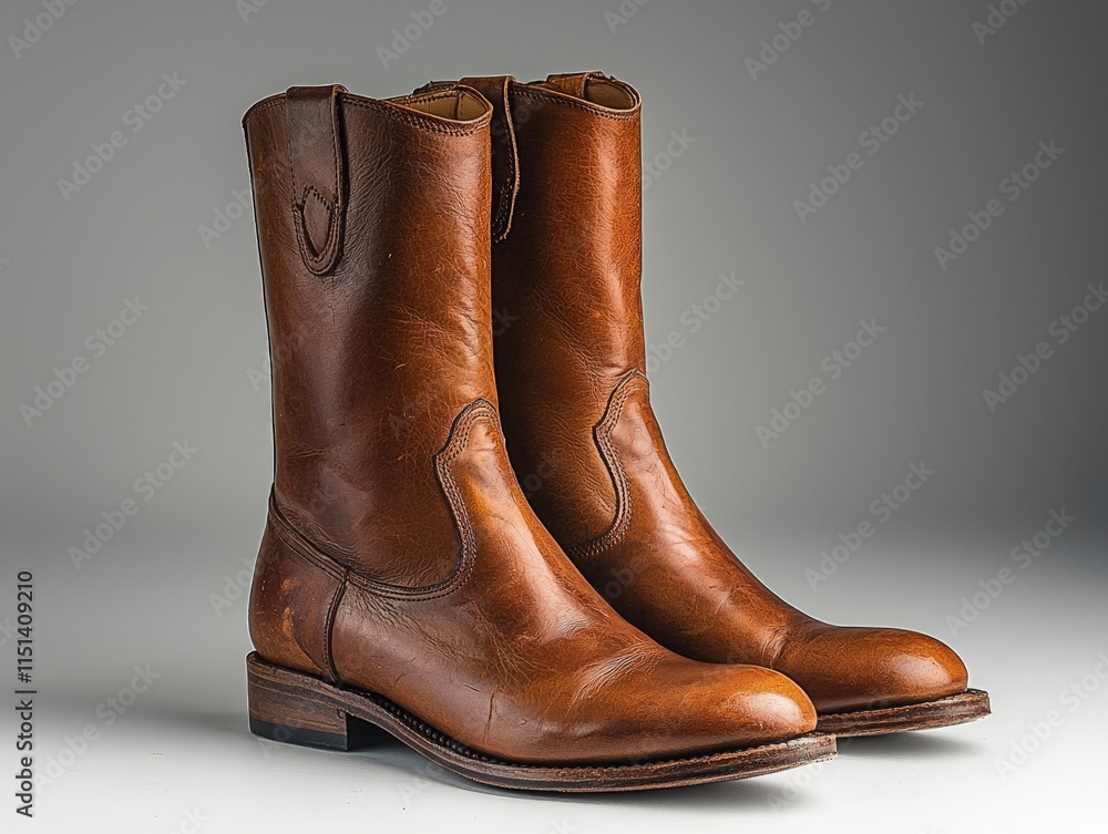 A pair of classic light brown leather roper boots with a low heel and rounded toe. The boots are made of high-quality leather and are perfect for everyday wear. A pair of classic light brown leather roper boots with a low heel and rounded toe. The boots are made of high-quality leather and are perfect for everyday wear.