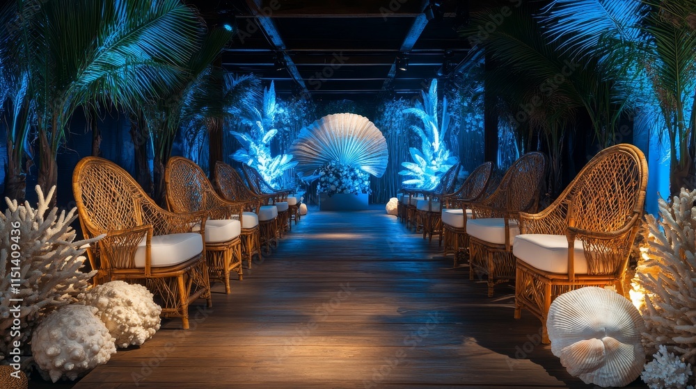 Naklejka premium Tranquil Coastal Catwalk: Serene T-shaped Setup with Bamboo Chairs, Seashells, and Soft Blue Lighting | Photorealistic Fashion Show Runway