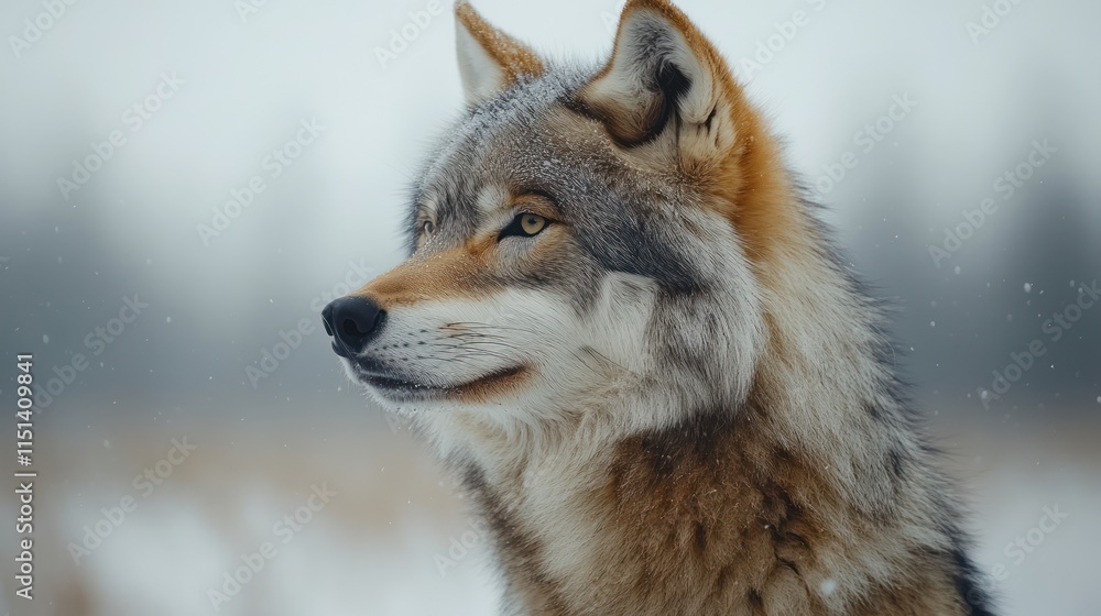 Majestic wolf in snowy winter landscape, looking to the side. Majestic wolf in snowy winter landscape, looking to the side.