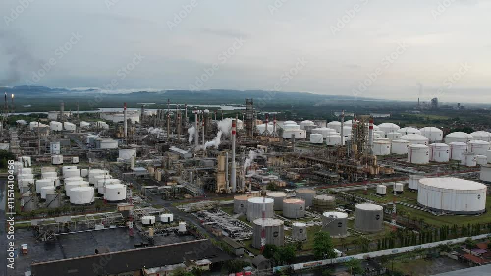 Biggest Fuel terminal in Indonesia, View of tank with oil refinery and petrochemical industrial plant Biggest Fuel terminal in Indonesia, View of tank with oil refinery and petrochemical industrial plant