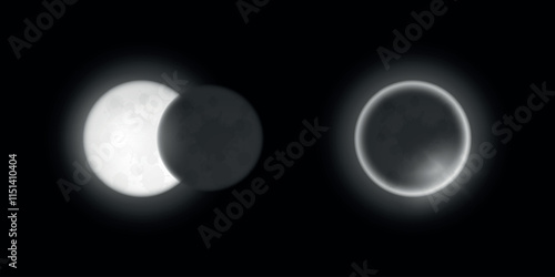 Realistic cycles of the eclipse of the moon. Vector on a black background.