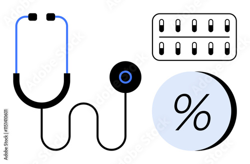 Stethoscope, blister pack with pills, and percentage symbol. Ideal for healthcare, medical expenses, treatment costs, pharmacology, health insurance, medical statistics, wellness campaigns. Line