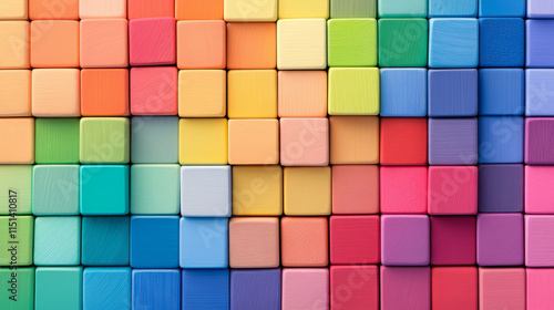 Colorful wooden cubes background, color block pattern, montessori and autism concept