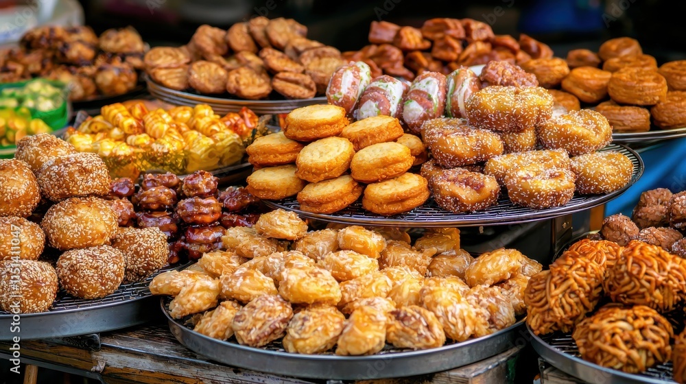 Chinese New Year concept, A vibrant display of assorted pastries and desserts, showcasing a variety of shapes, textures, and colors at a market stall. Chinese New Year concept, A vibrant display of assorted pastries and desserts, showcasing a variety of shapes, textures, and colors at a market stall.
