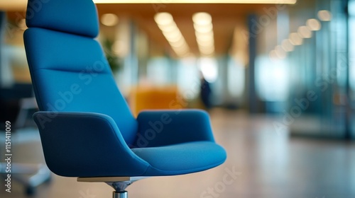 Professional conference room setting with blue chair and blurred businessman in the background - ideal for corporate meetings, business presentations, and professional networking photo