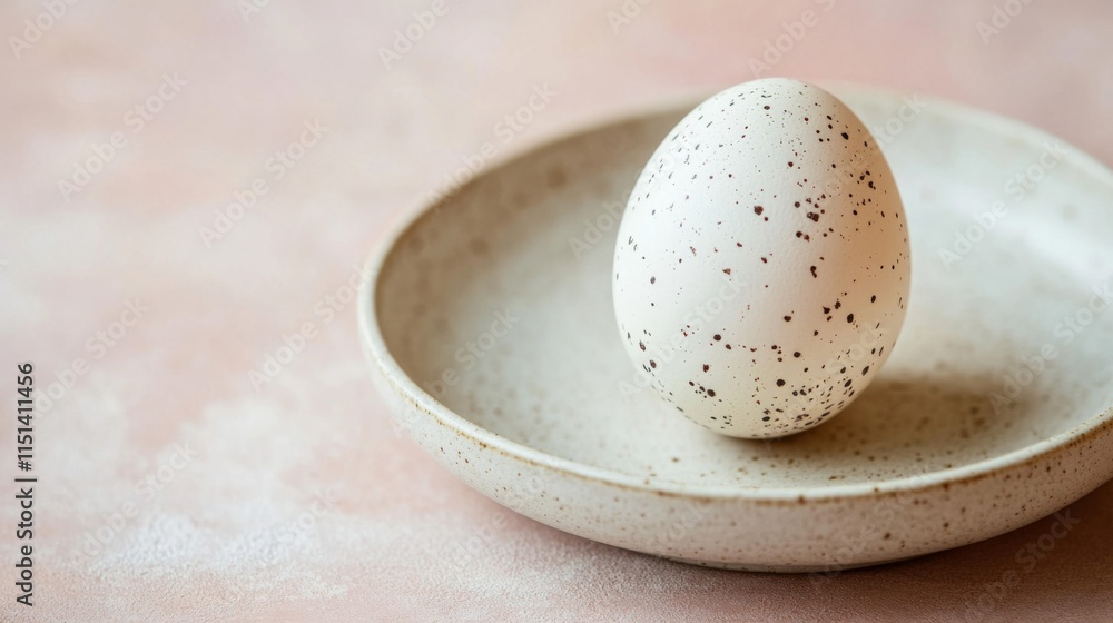 Speckled Easter egg rests in a ceramic bowl Speckled Easter egg rests in a ceramic bowl