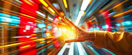 Workflows and processes thrive on blockchain, cloud, and secure networks, driving efficiency and cybersecurity in the digital era. Futuristic Hand with Biometric Technology in Digital Environment