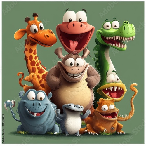 Playful Cartoon Animals Group Portrait Together Happy