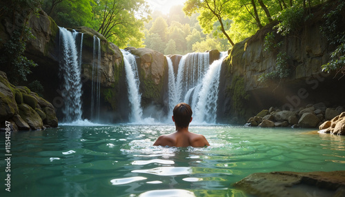 Man enjoying serene waterfall pool in lush tropical forest