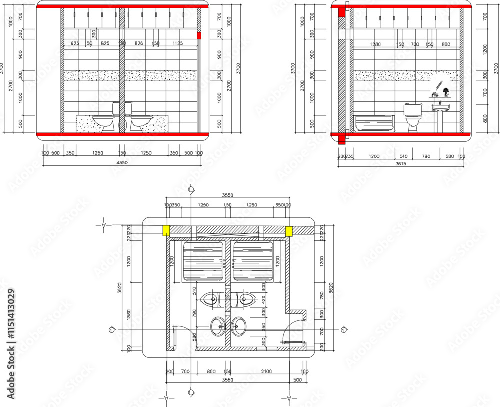 vector sketch, silhouette illustration, interior design drawing, bathroom section layout plan with detailed measurements.eps vector sketch, silhouette illustration, interior design drawing, bathroom section layout plan with detailed measurements.eps
