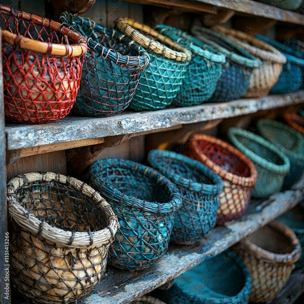 An array of colorful woven baskets stacked on rustic wooden shelves creates a vibrant and textural display. The baskets vary in size, color and weave, showcasing traditional craftsmanship. An array of colorful woven baskets stacked on rustic wooden shelves creates a vibrant and textural display. The baskets vary in size, color and weave, showcasing traditional craftsmanship.