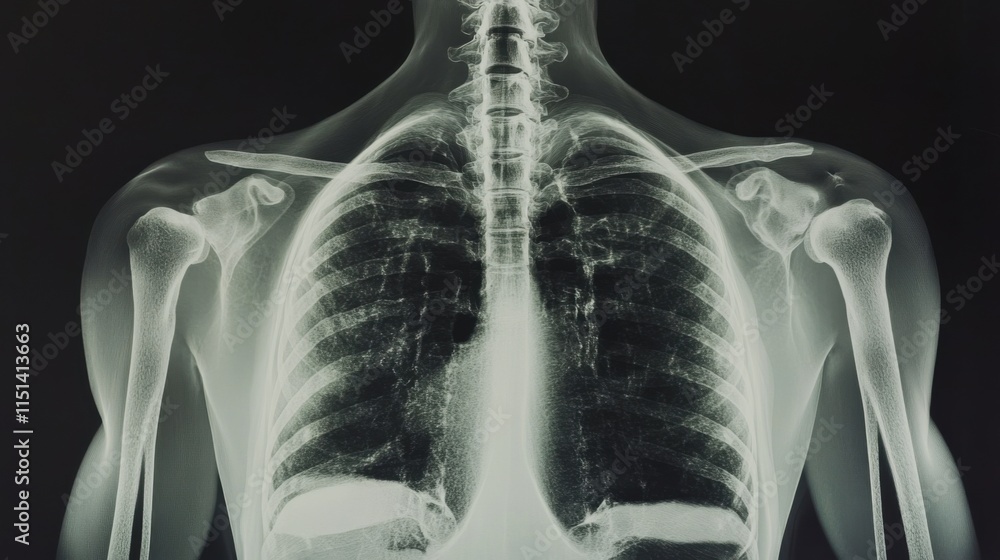 Detailed X-Ray Image of Human Upper Body Showing Lungs, Ribs, Clavicle and Shoulder Joints Anatomy Detailed X-Ray Image of Human Upper Body Showing Lungs, Ribs, Clavicle and Shoulder Joints Anatomy