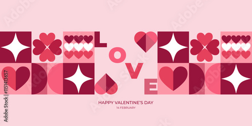 Valentine's Day poster in a modern geometric style. Trendy minimalist design with simple shapes. Perfect for banners, invitations, cards, covers.