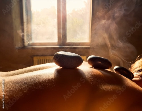 Smooth massage stones lined up on someone's back, with gentle steam in the background and filtered natural light photo