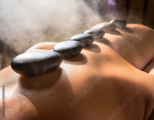 Smooth massage stones lined up on someone's back, with gentle steam in the background and filtered natural light photo