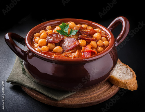 Un puchero de barro sobre una mesa de cocina con un delicioso guiso de garbanzos o cocido madrileño  photo